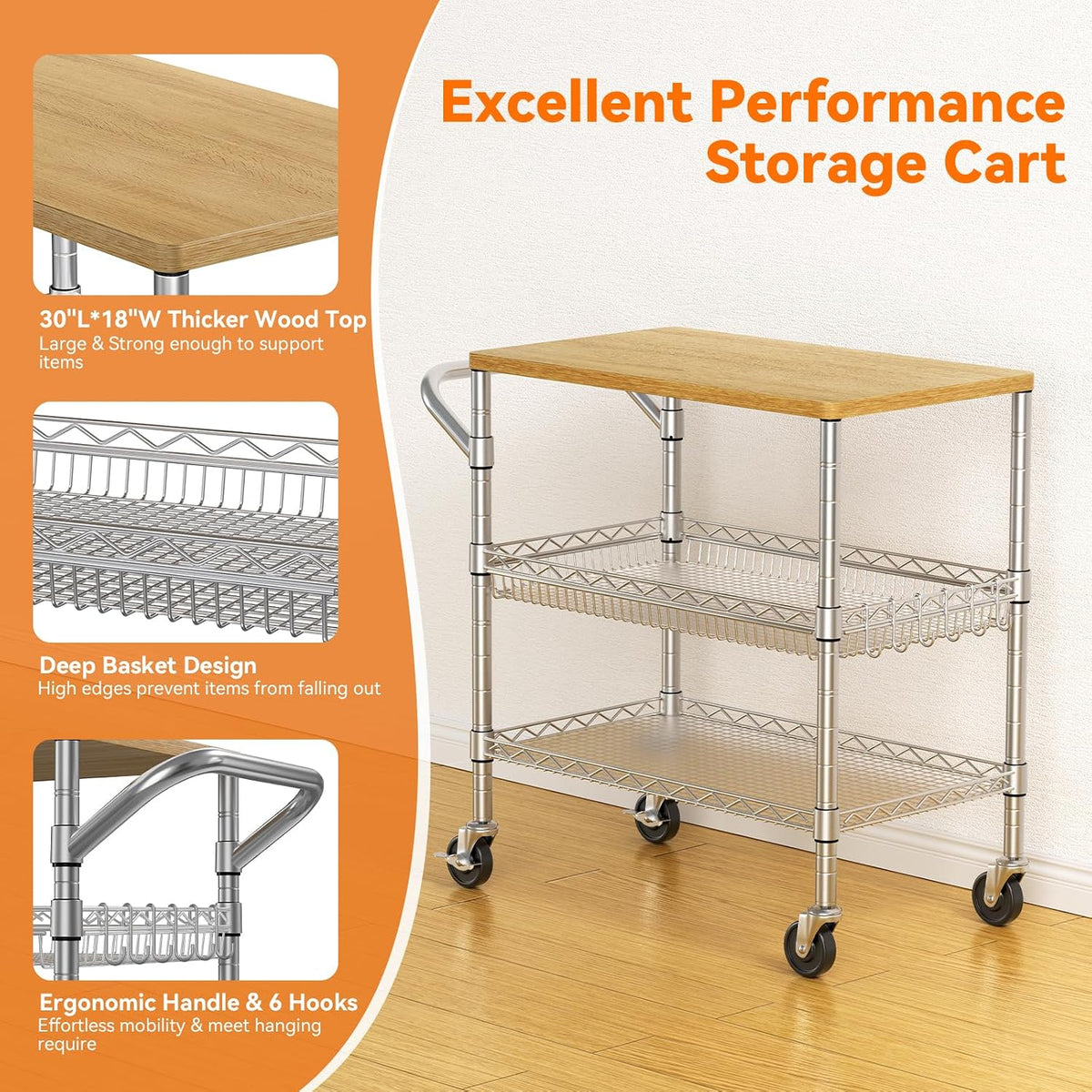 3 Tier Rolling Kitchen Carts on Wheels with Storage,650Lbs Heavy Duty Utility Carts with Wheels,Kitchen Island with Wood Tabletop,Metal Serving