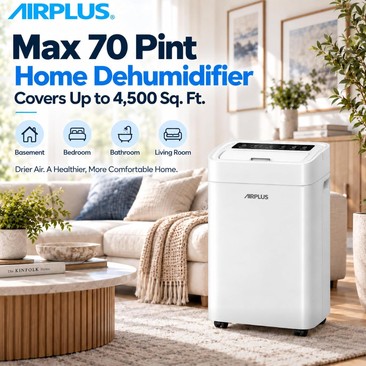 AIRPLUS Max 70 Pint Quiet Dehumidifier for Home Bedroom up to 4500 Sq Ft