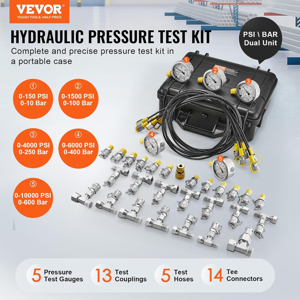 VEVOR Hydraulic Pressure Test Kit, 10/100/250/400/600bar, 5 Gauges 13 Test Couplings 14 Tee Connectors 5 Test Hoses, Hydraulic Gauge Kit with Sturdy