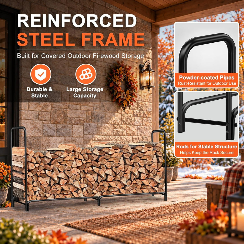 8FT Firewood Rack Outdoor with Cover, Large Wood Storage Rack