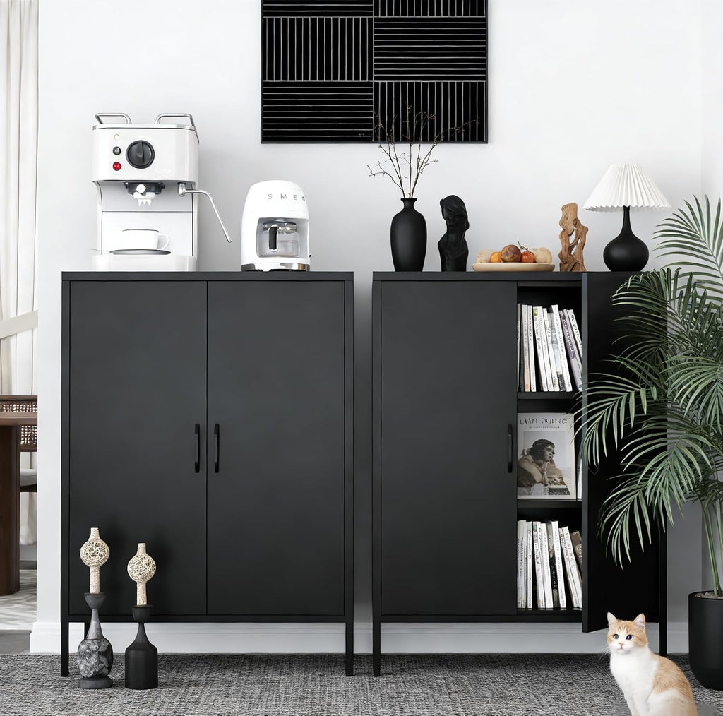 Metal Locker Cabinet, Black Storage Cabinets with 2 Doors and Adjustable Shelves, 3 Tier Modern Storage Freestanding Sideboard for Living Room,School