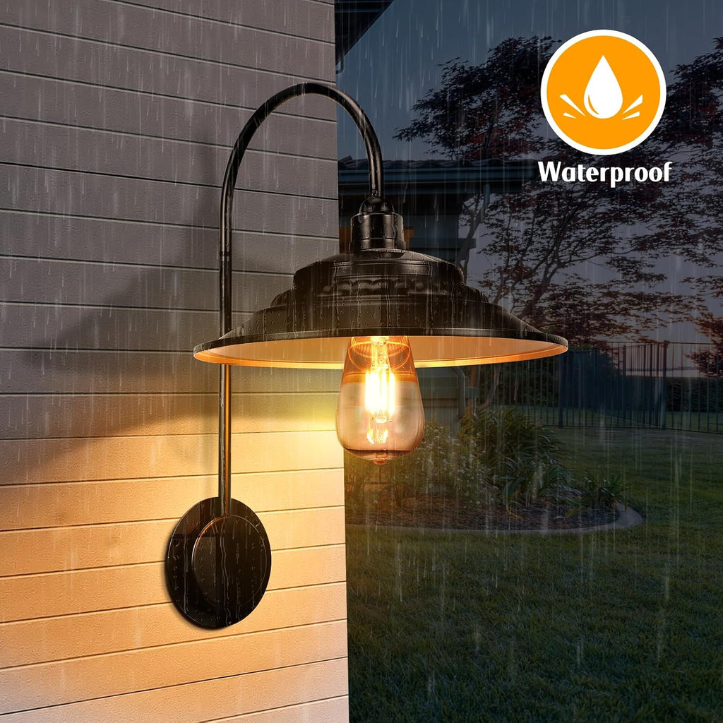 Solar Barn Lights Upgrade, 2PCS Waterproof Wall Light Fixture, Rustic Vintage Metal Gooseneck Solar Wall Mount Lights with Gold Interior, for Outdoor