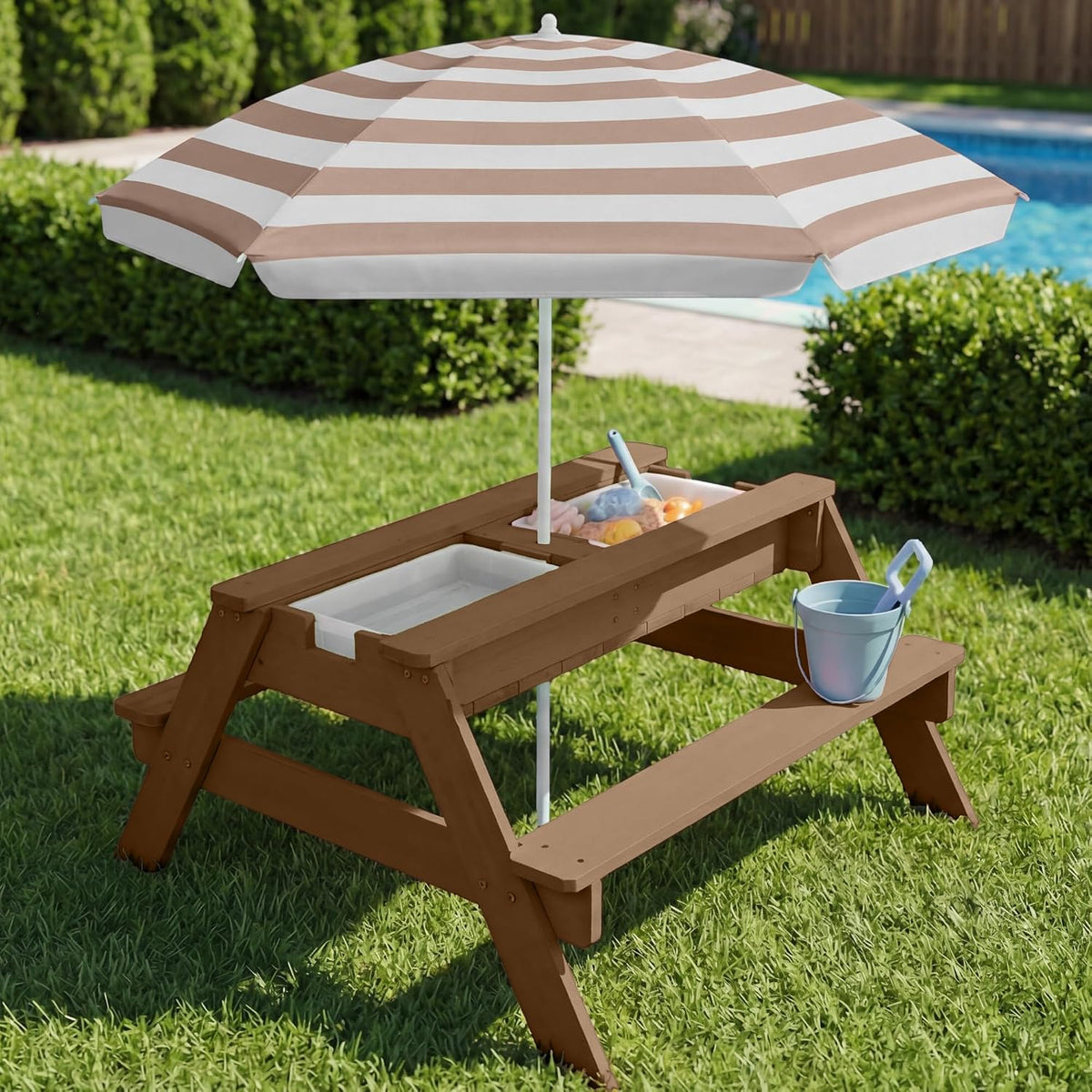 Best Choice Products Kids Picnic Table with Umbrella & Sensory Bins, Beige