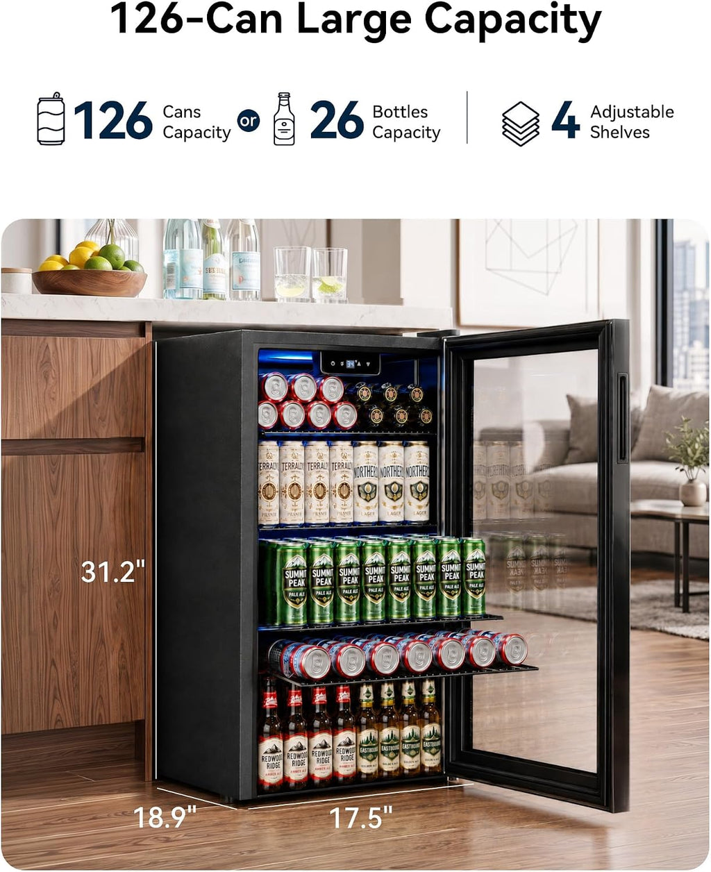 Feelfunn 3.2 Cu. Ft. Beverage Refrigerator, 126-Can Mini Fridge, 34-64°F