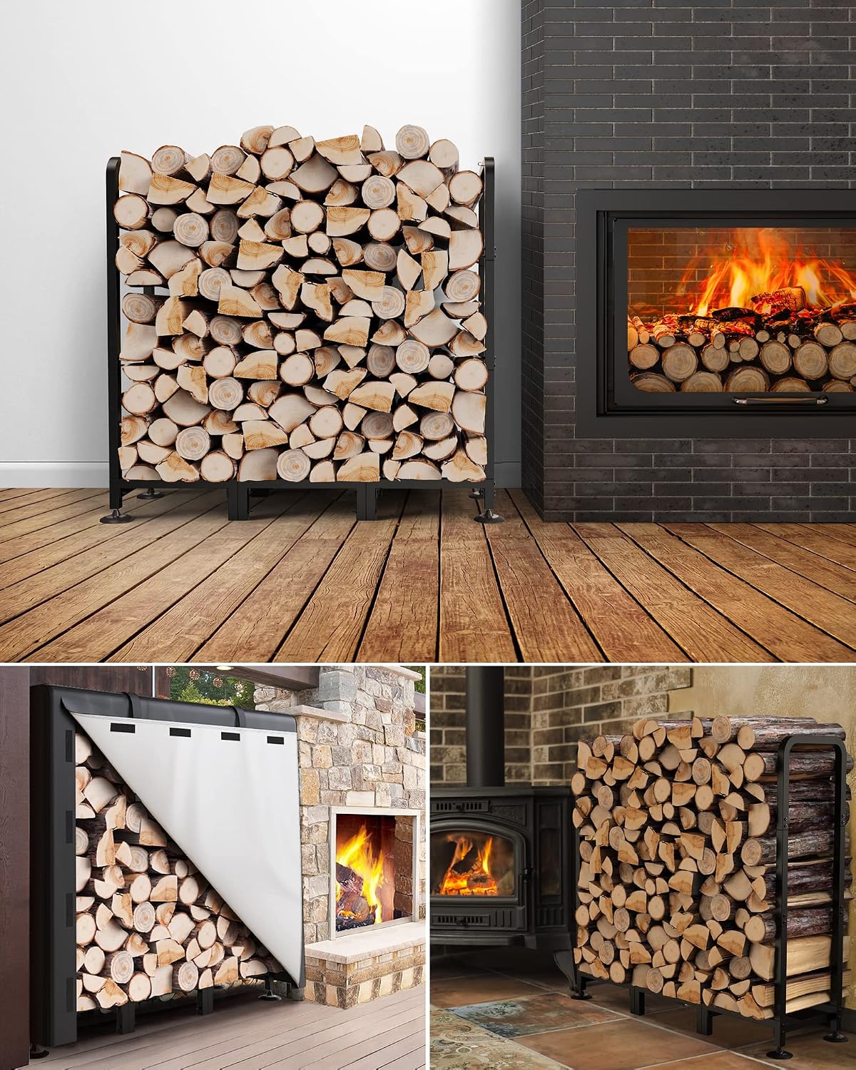 Firewood Rack Outdoor with Cover, 4FT Indoor Wood Rack for Firewood