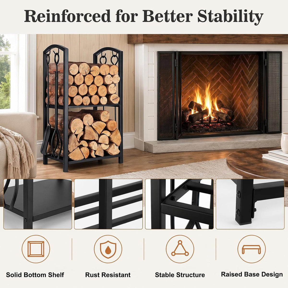 Firewood Rack Log Holder with 4-Piece Fireplace Tool Set, 29" H