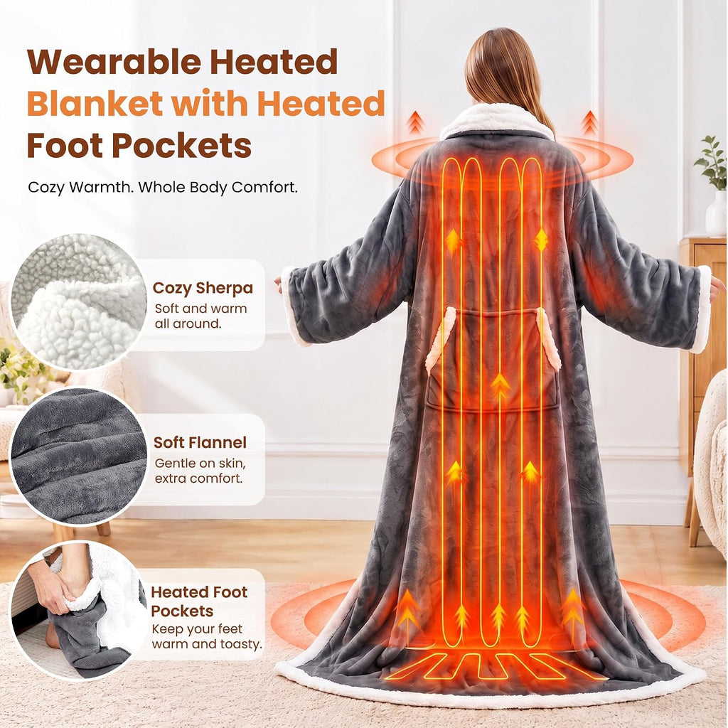 Electric Flannel Wearable Heated Throw Blanket with Foot Pocket & Sleeves, 9 Heating Levels, 2/4/6/8H Auto Off Timer, 52 x 72, Machine Washable