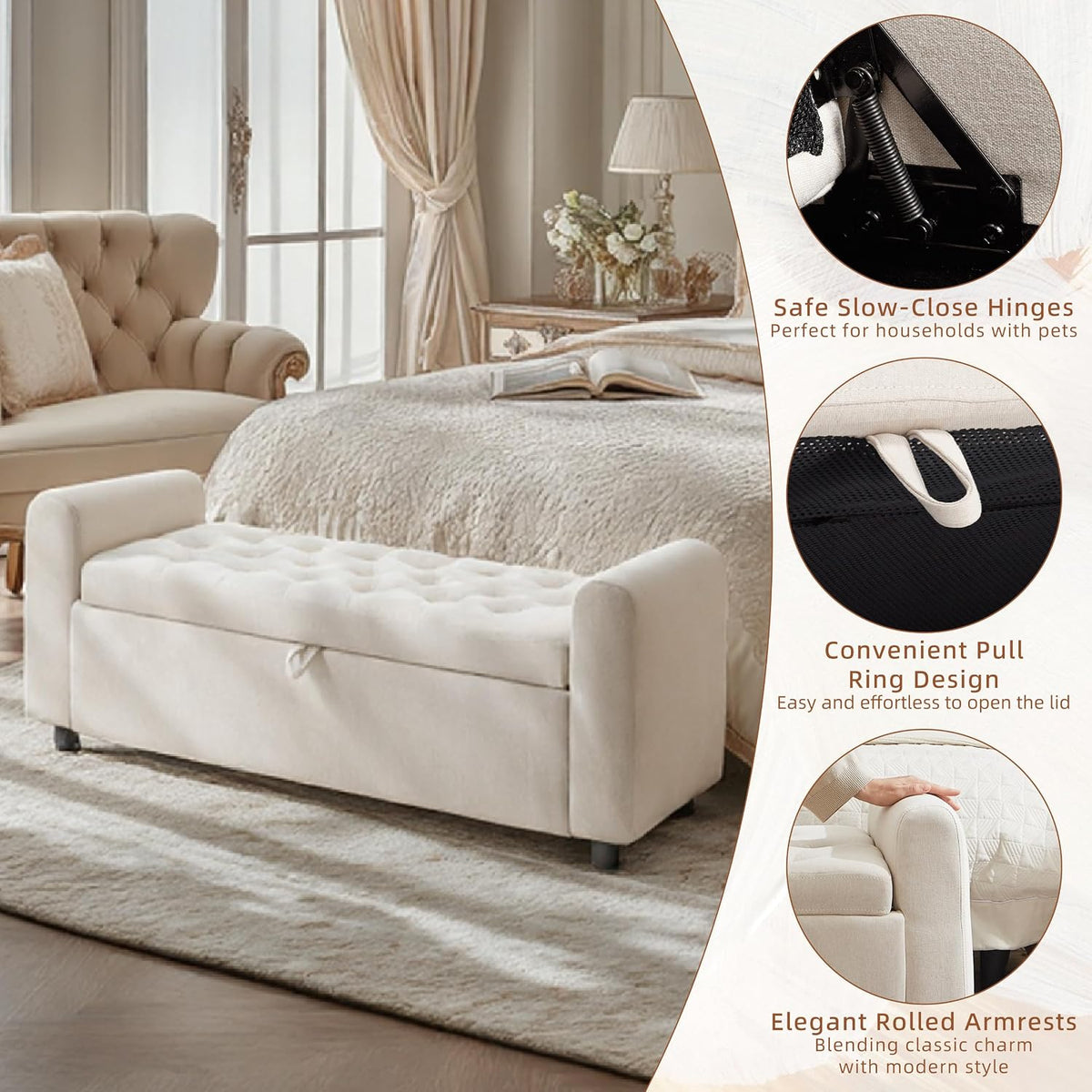 48" Ottoman with Storage, Tufted Storage Ottoman Bench, Convenient Living Room Fabrics Bench Seat, Entryway Shoe Benches with Inner Zipper & Arm