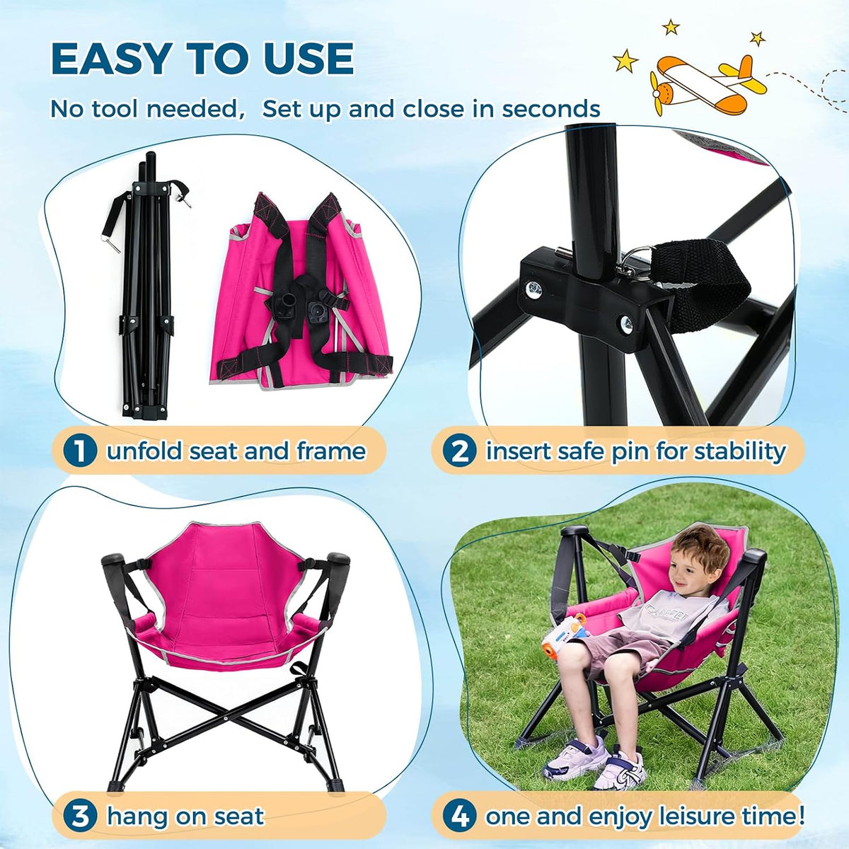 Kids Hammock Chair, Kids Camping Chair, Folding Chair, Pink