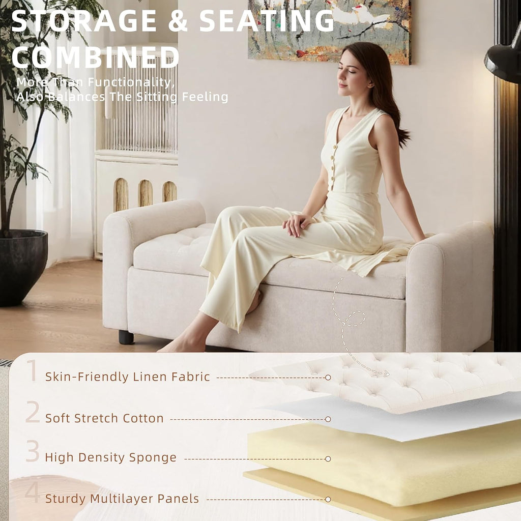 48" Ottoman with Storage, Tufted Storage Ottoman Bench, Convenient Living Room Fabrics Bench Seat, Entryway Shoe Benches with Inner Zipper & Arm