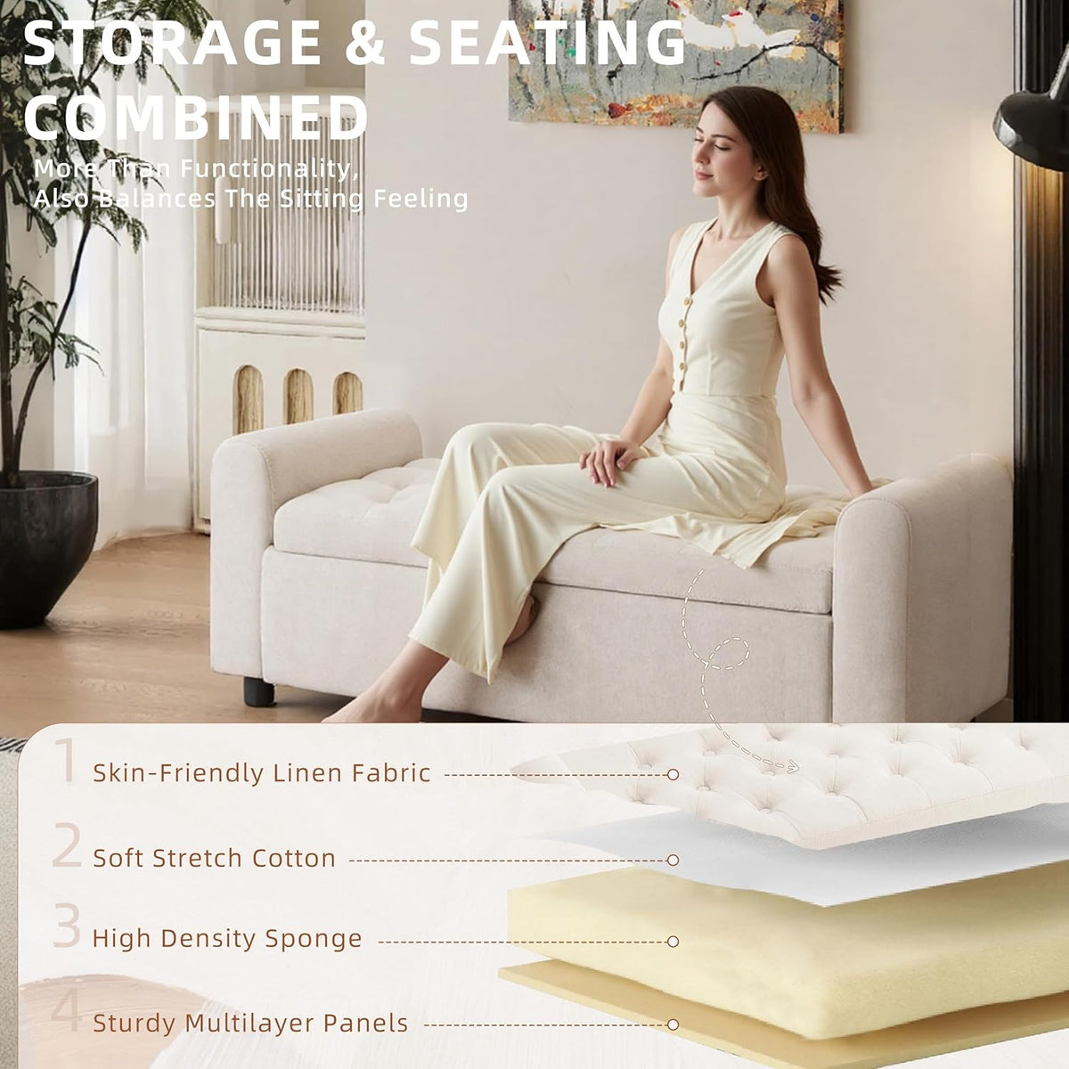 48" Ottoman with Storage, Tufted Storage Ottoman Bench, Convenient Living Room Fabrics Bench Seat, Entryway Shoe Benches with Inner Zipper & Arm