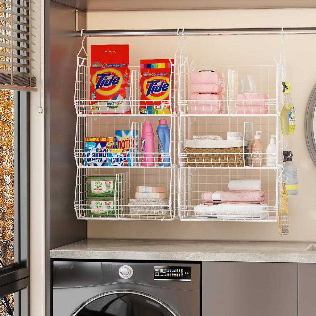 6 Tier Extra Large Hanging Closet Organizer, Closet Storage Hanging with Dividers, Wire Closet Shelf with 5 S Hooks 4 Dividers,Sweater Handbag Hat