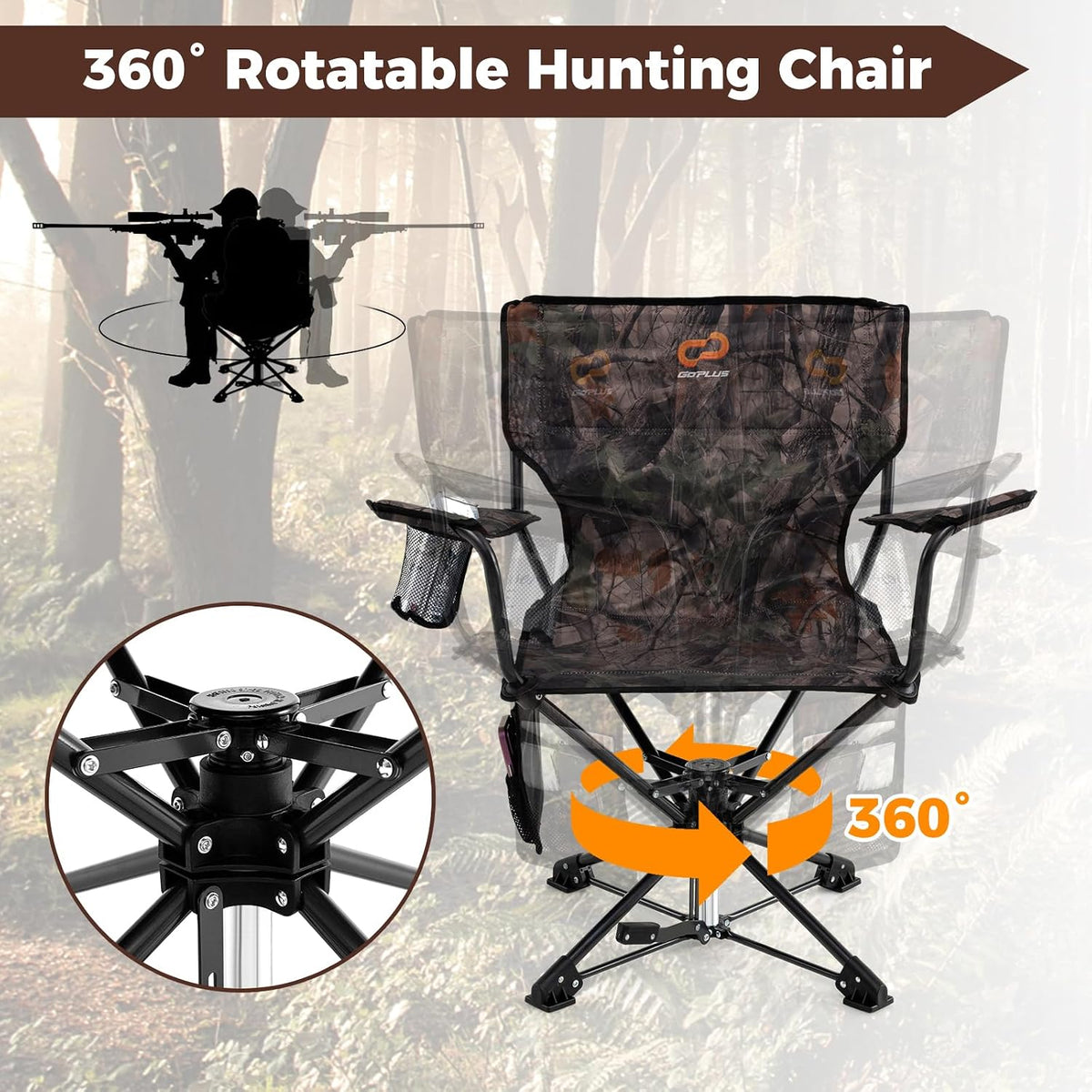 Goplus 360° Swivel Hunting Chair, Folding Hunting Blind Chair for Adults with Cup Holder & Carrying Bag, Lightweight Portable Camping Chairs for Lawn