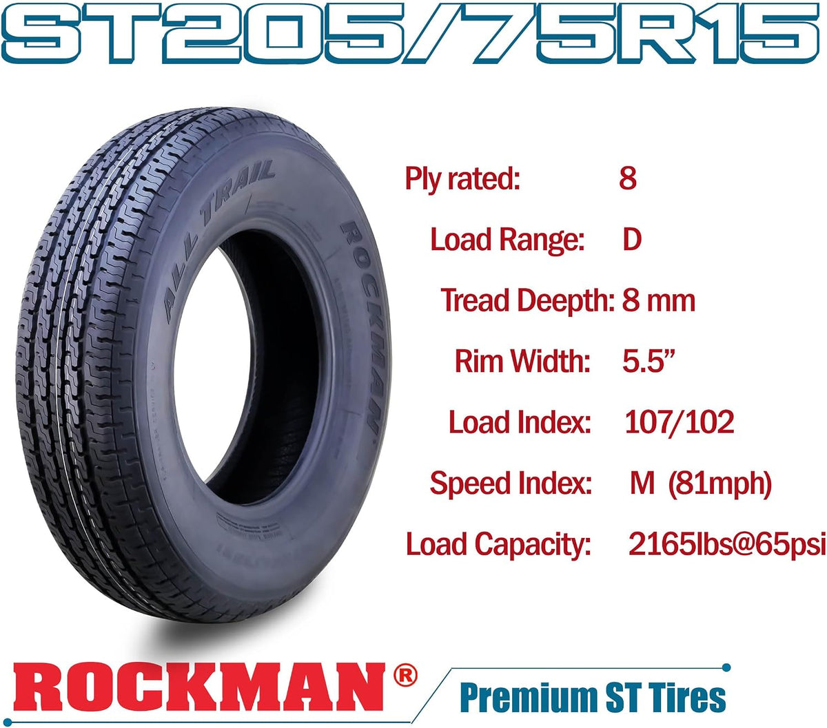 Trailer Tire ST205/75R15 8-Ply Load Range D 107M Radial 11166, Set4