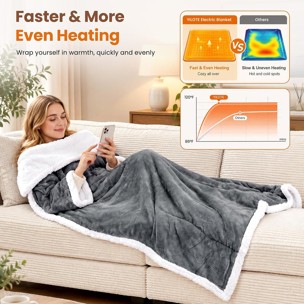 Electric Flannel Wearable Heated Throw Blanket with Foot Pocket & Sleeves, 9 Heating Levels, 2/4/6/8H Auto Off Timer, 52 x 72, Machine Washable