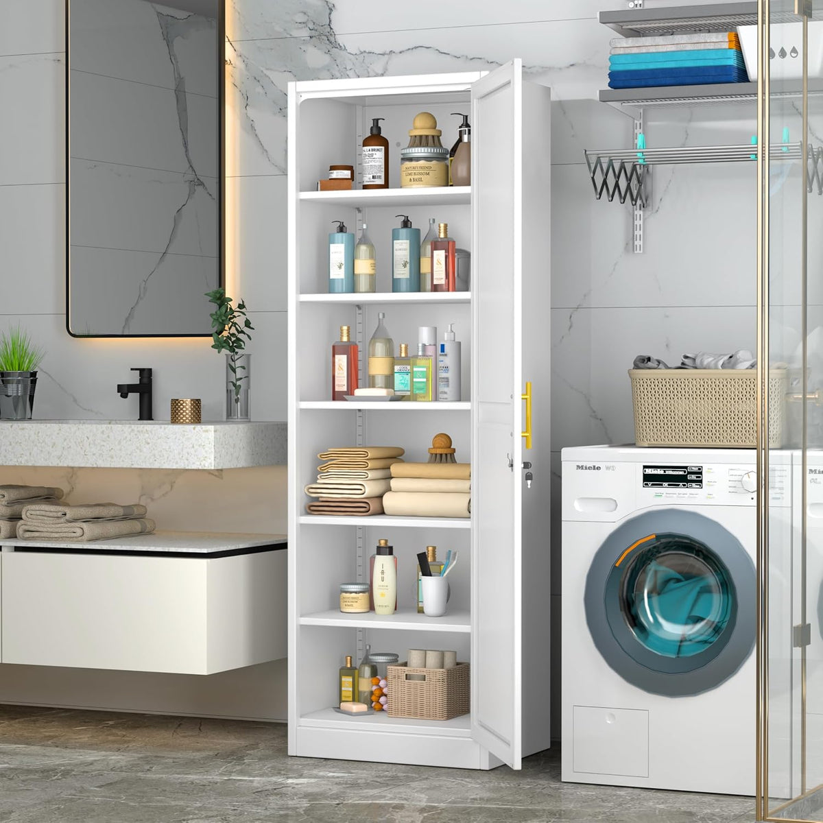Tall Metal Narrow Bathroom Storage Locker Cabinet 67" H, White Kitchen Pantry Cabinets,File Cabinet Organizer with 5 Adjustable Shelves and Lockable
