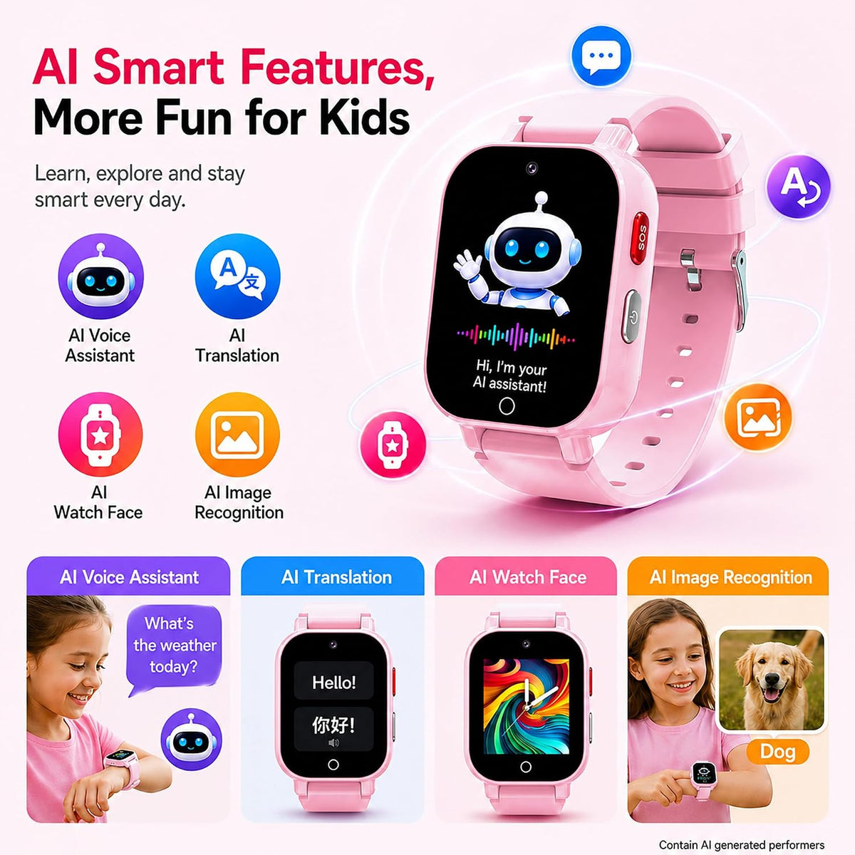 4G Kids Smart Watch with GPS Tracker, Video & Voice Call, SOS, WiFi, IP68 Waterproof, AI Smart Features, Parental Control Phone Watch for Boys Girls