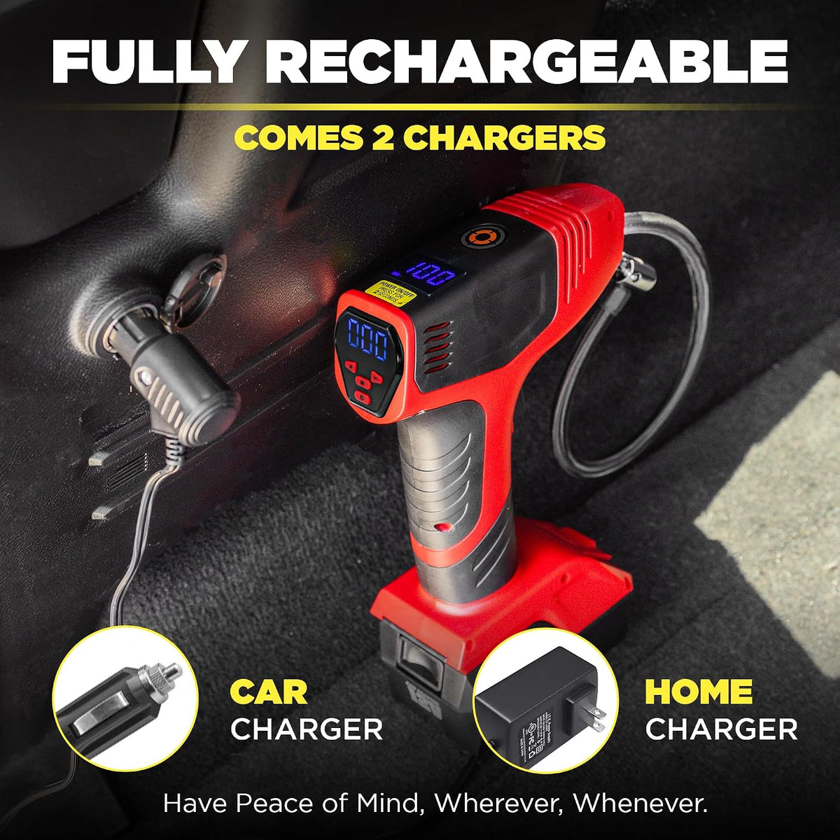 BULLSEYE PRO Tire Inflator with Pressure Gauge, Compact and Portable, Automatic Shut Off, 150 PSI Max, USB Home Rechargeable and Cord for Vehicular