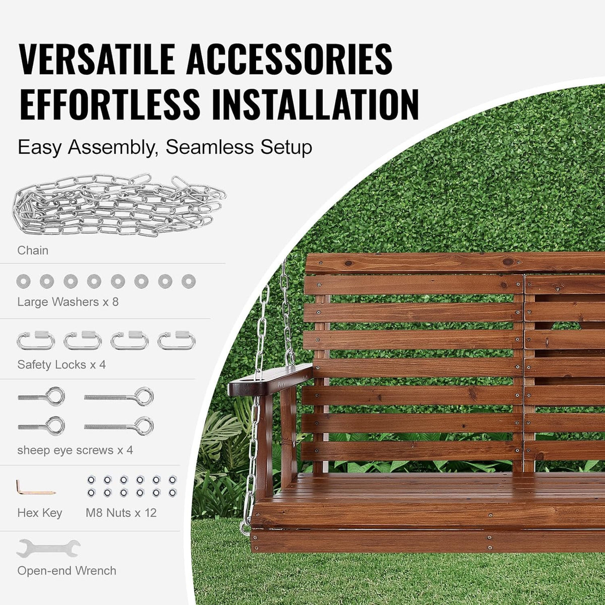 VEVOR Wooden Porch Swing 5 ft, Patio Bench Swing for Courtyard & Garden, Upgraded 880 lbs Strong Load Capacity, Heavy Duty Swing Chair Bench with