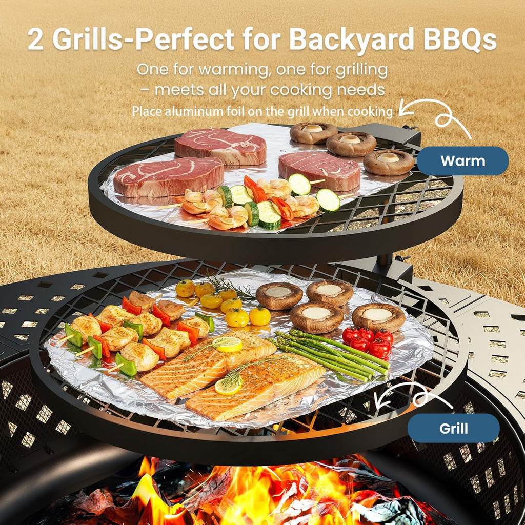43" Large Fire Pit for Outside with 2 Adjustable Grills,Lid & Fire Poker