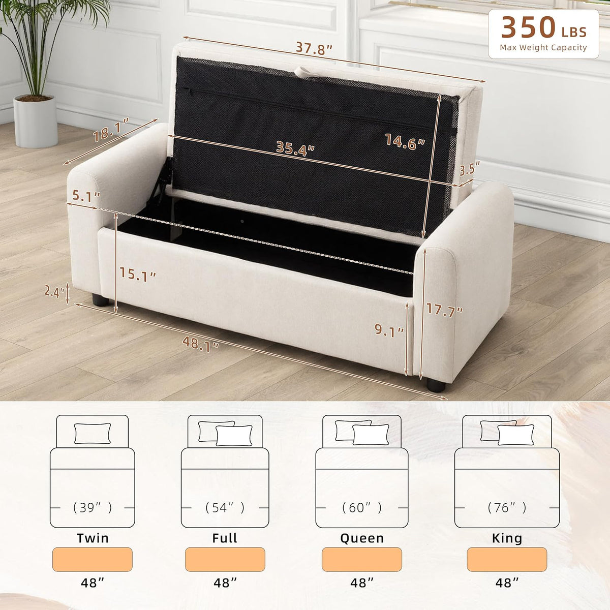 48" Ottoman with Storage, Tufted Storage Ottoman Bench, Convenient Living Room Fabrics Bench Seat, Entryway Shoe Benches with Inner Zipper & Arm