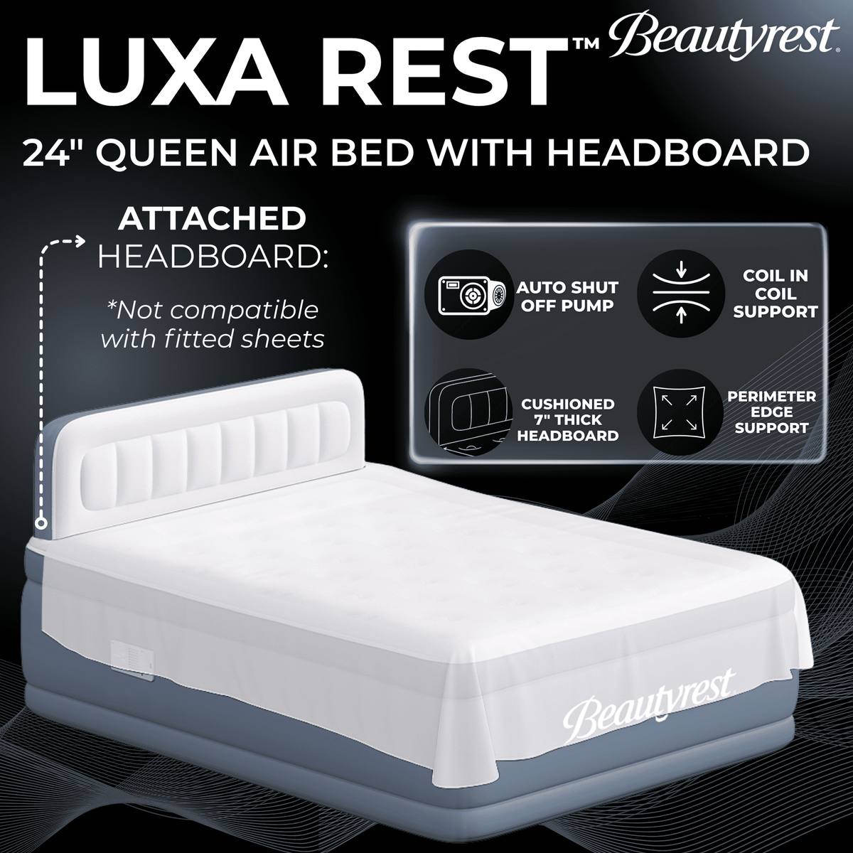 Beautyrest® LUXA REST™ 24" Queen Raised Air Mattress with Integrated Headboard, Auto Shut-Off Built-in Pump