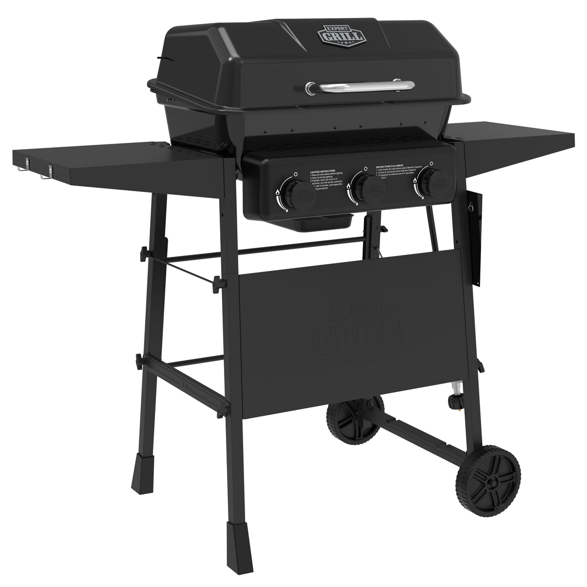 Expert Grill 3-Burner Propane Gas Grill with Side Shelves and Wheels, Black