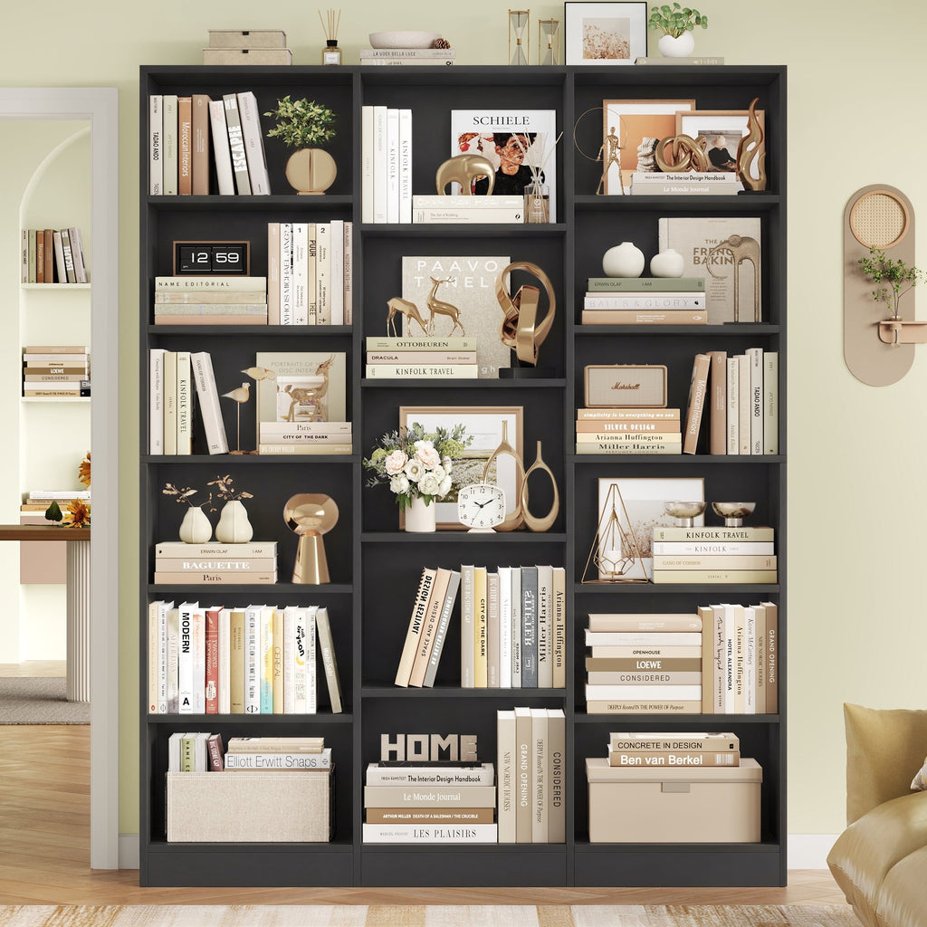 Homfa Triple Row 6-tier Bookshelf, 74 in Tall Bookshelf with 17 Open Display Shelves, Large Bookcase for Office Living Room, Black