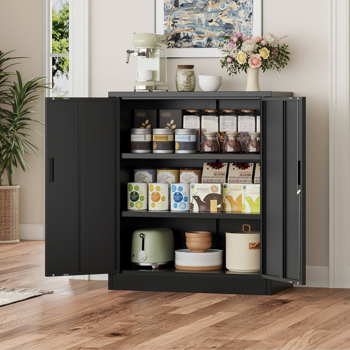 BESFUR Metal Storage Cabinet with Doors and Shelves, for Home, Office, Garage - Black