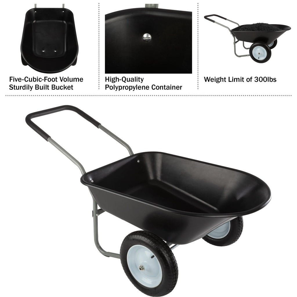 Pure Garden 2-Tire Wheelbarrow with 300lb Capacity and Padded Handle, Black