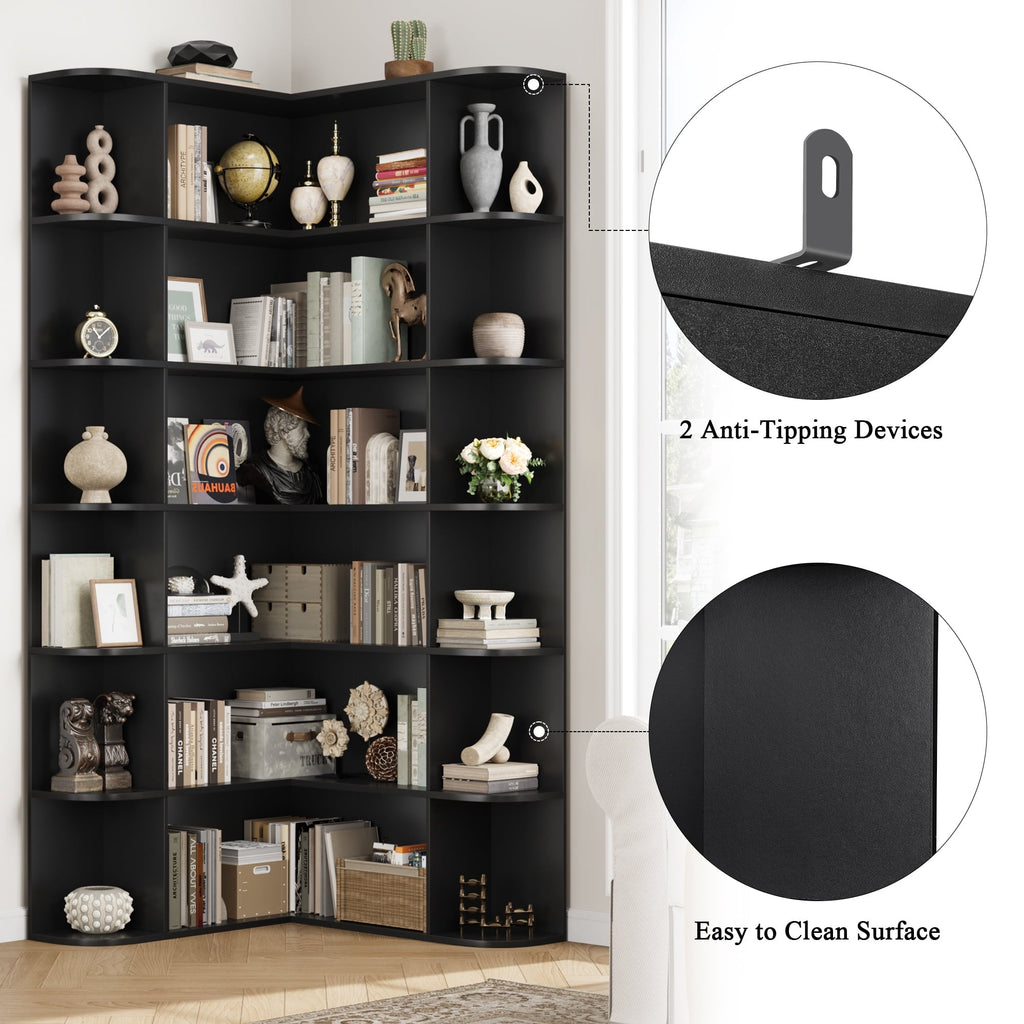 Homfa 73.9” Tall Corner Bookshelf, 6 Tier L-Shaped Large Display Bookcase with Curved Edges for Living Room Home Office Study, Black