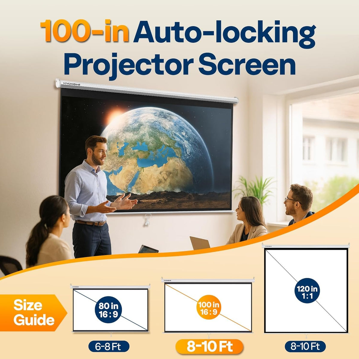 SPECSTAR 100 inch Manual Pull Down Projector Screen, 16:9 HD Retractable Projector Screens with Auto Locking for Movie Home Theater Cinema Office