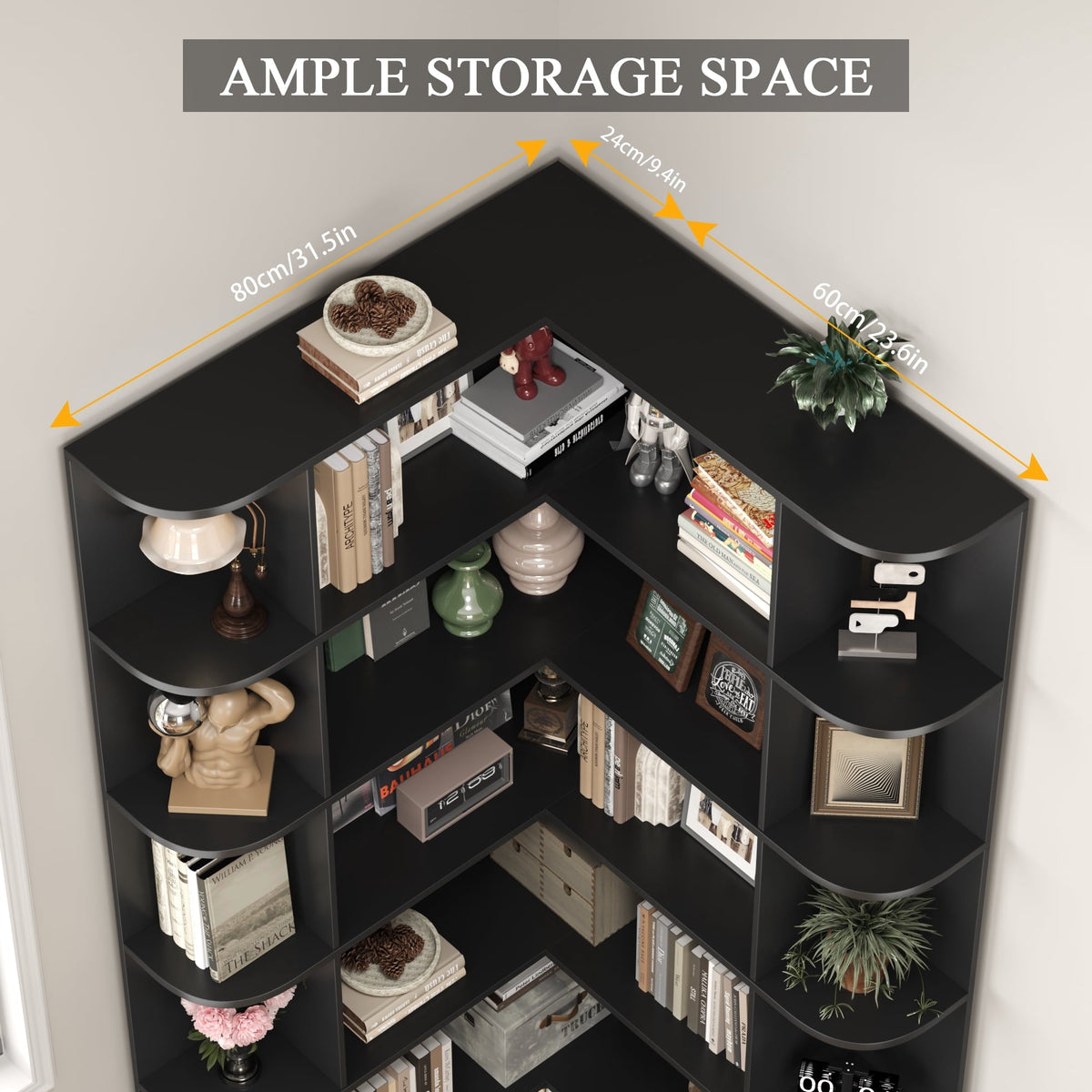 Homfa 73.9” Tall Corner Bookshelf, 6 Tier L-Shaped Large Display Bookcase with Curved Edges for Living Room Home Office Study, Black