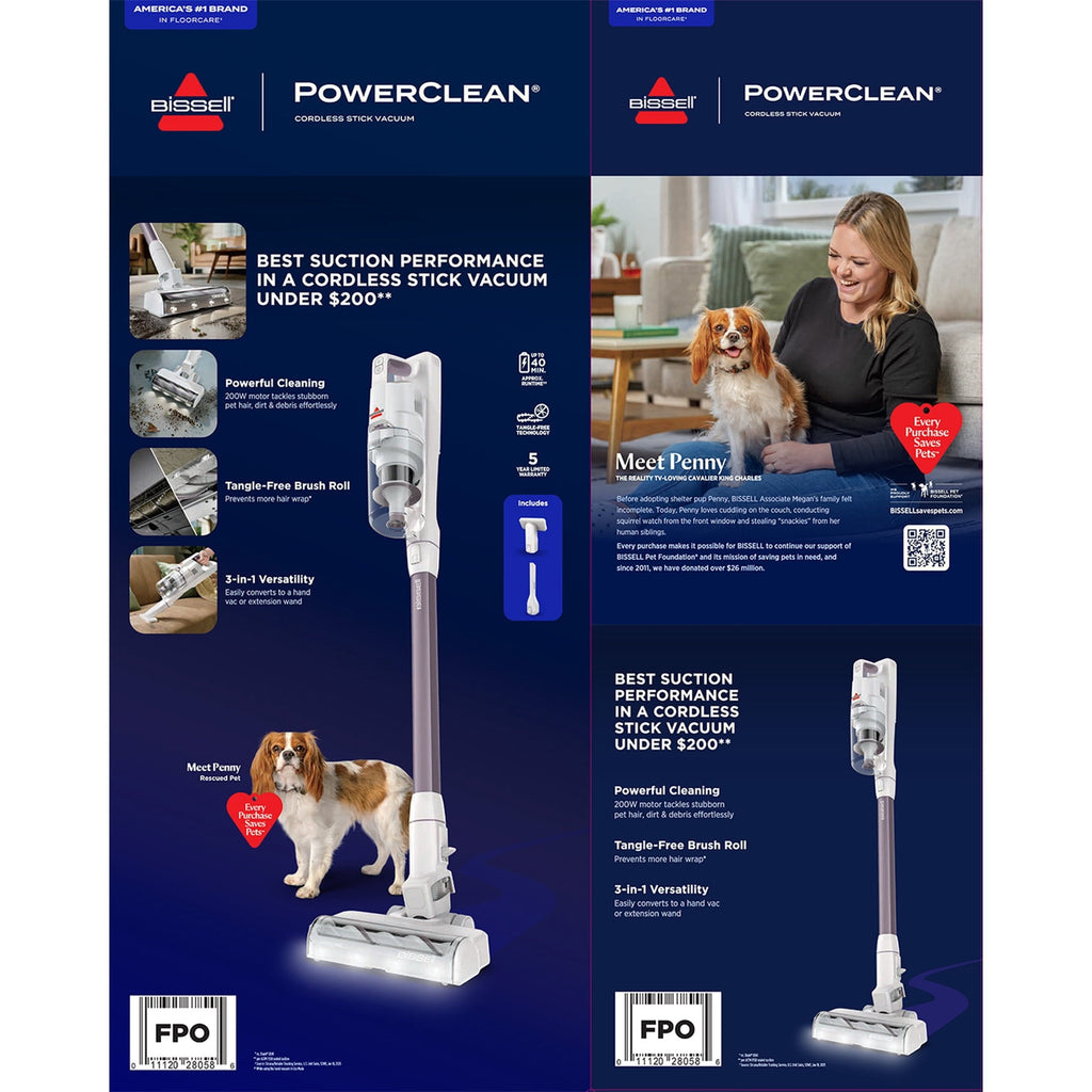 BISSELL PowerClean 200W Cordless Stick Vacuum, for Carpet & Hard Floors Self-Standing, Tangle-Free 40 min run time 4172