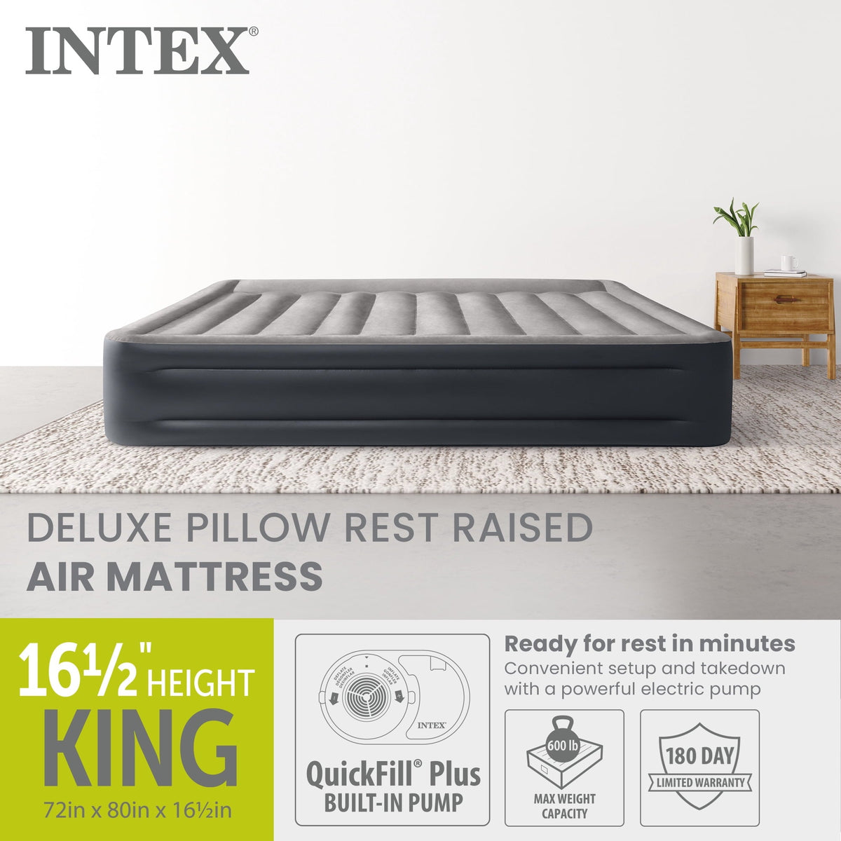 Intex Dura Beam Plus Deluxe Air Mattress Bed with Built In Pump, King-Sized Bed