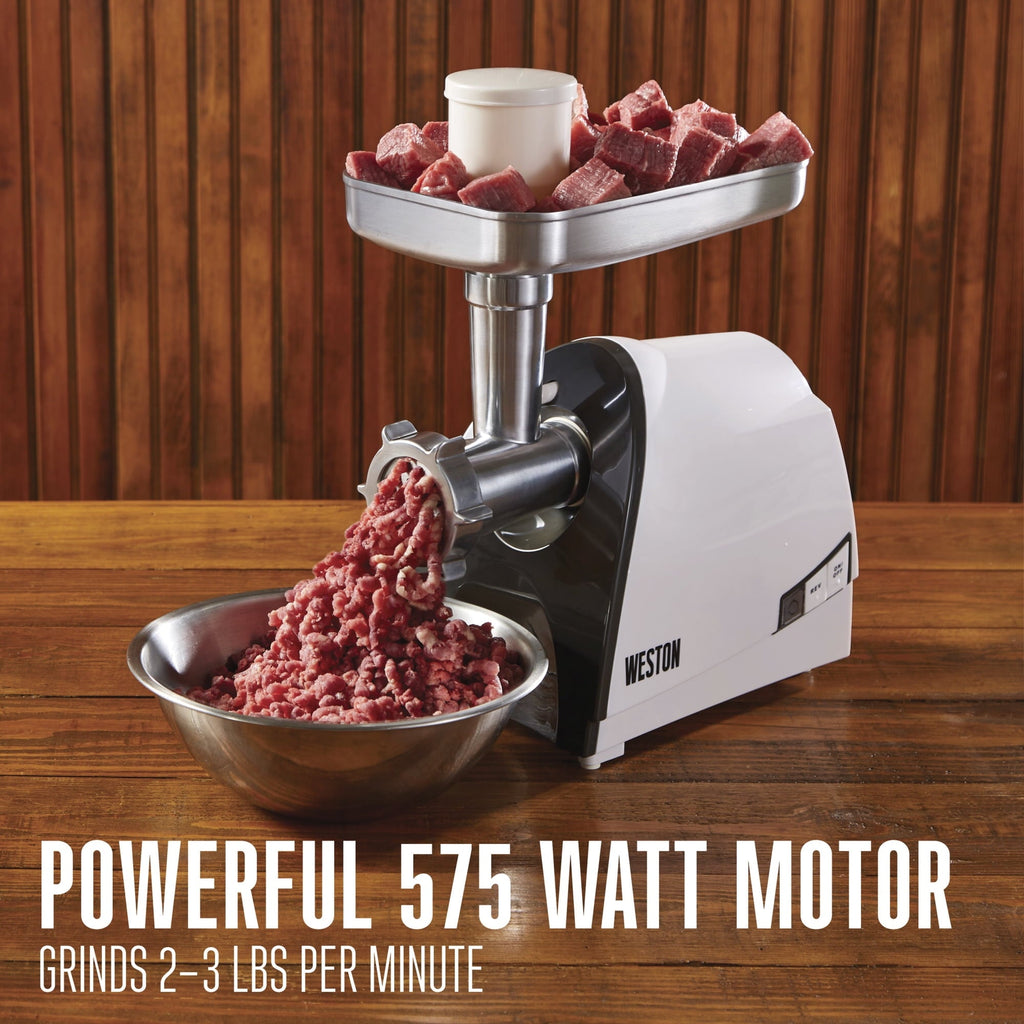 Weston #8 Electric Meat Grinder & Sausage Stuffer, Grinds 2-3 Pounds Per Minute, 575 Watts, White