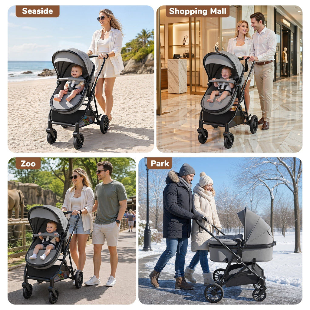 Vomeast Baby Stroller, Foldable Lightweight Travel Stroller, Reversible Seat, 5-Point Harness, Adjustable Canopy, Gray