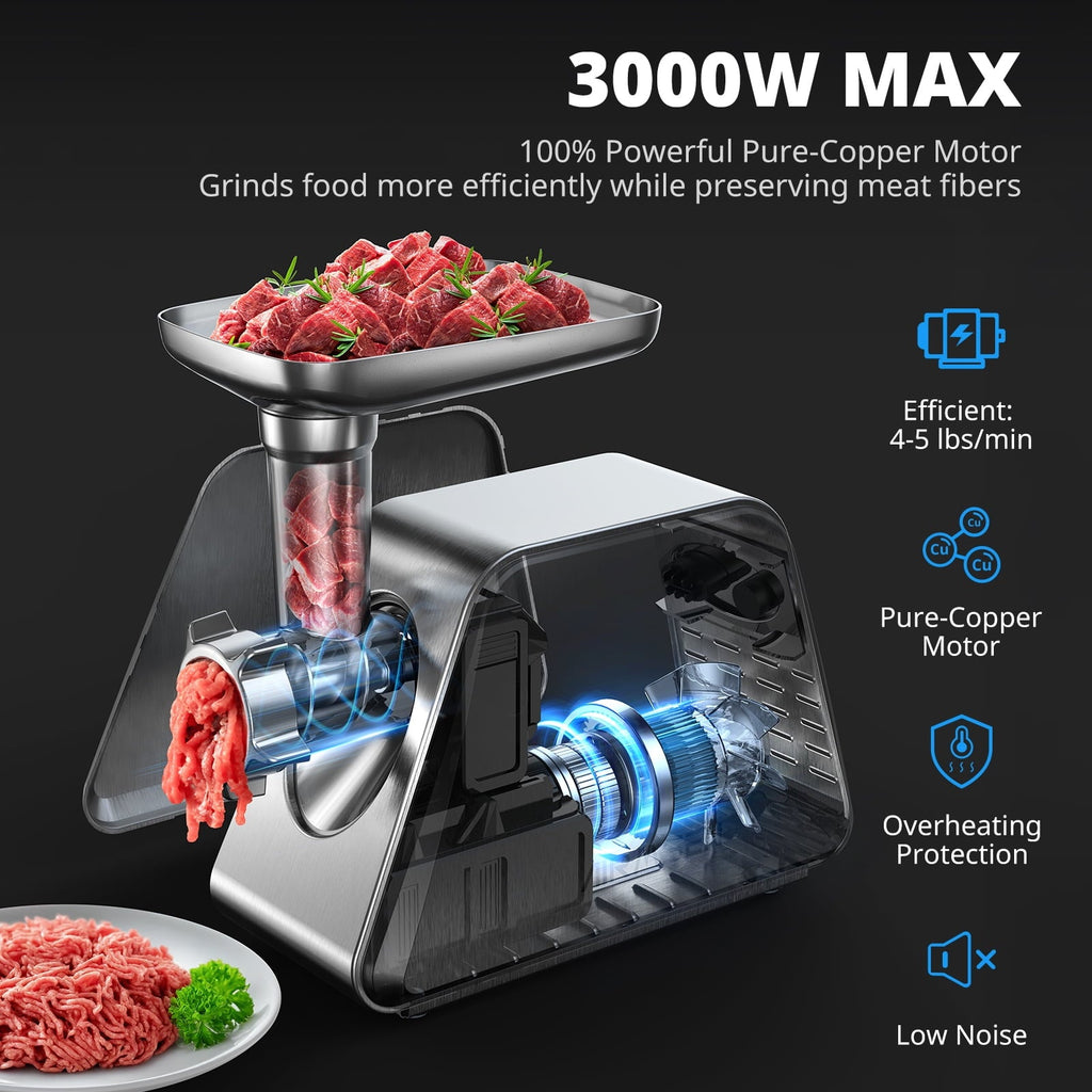 AIRMSEN Stainless Steel Meat Grinder, Electric 3 in 1 Meat Mincer with 2 Blades & 3 Plates, Sausage & Kubbe Maker Kit, Fixed Lock, Double Switch