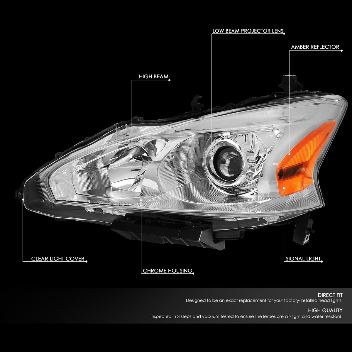 DNA Motoring Halogen Projector Headlight Lamps for 2013-2015 Nissan Altima, Chrome Amber, Pair