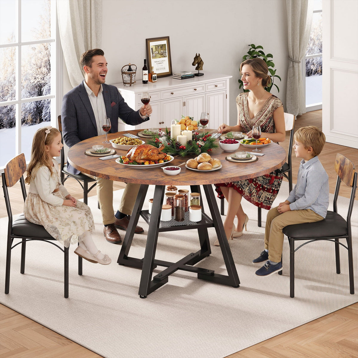 HiJob 47 inch Wood Dining Table for 4, Round Kitchen Dining Table with Storage Shelf for Home Dining Room Living Room, Brown(Only Table)