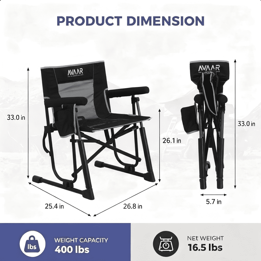 Avaar Outdoor Folding Rocking Camp Chair w/Cup Holder, 400lbs Capacity, Black