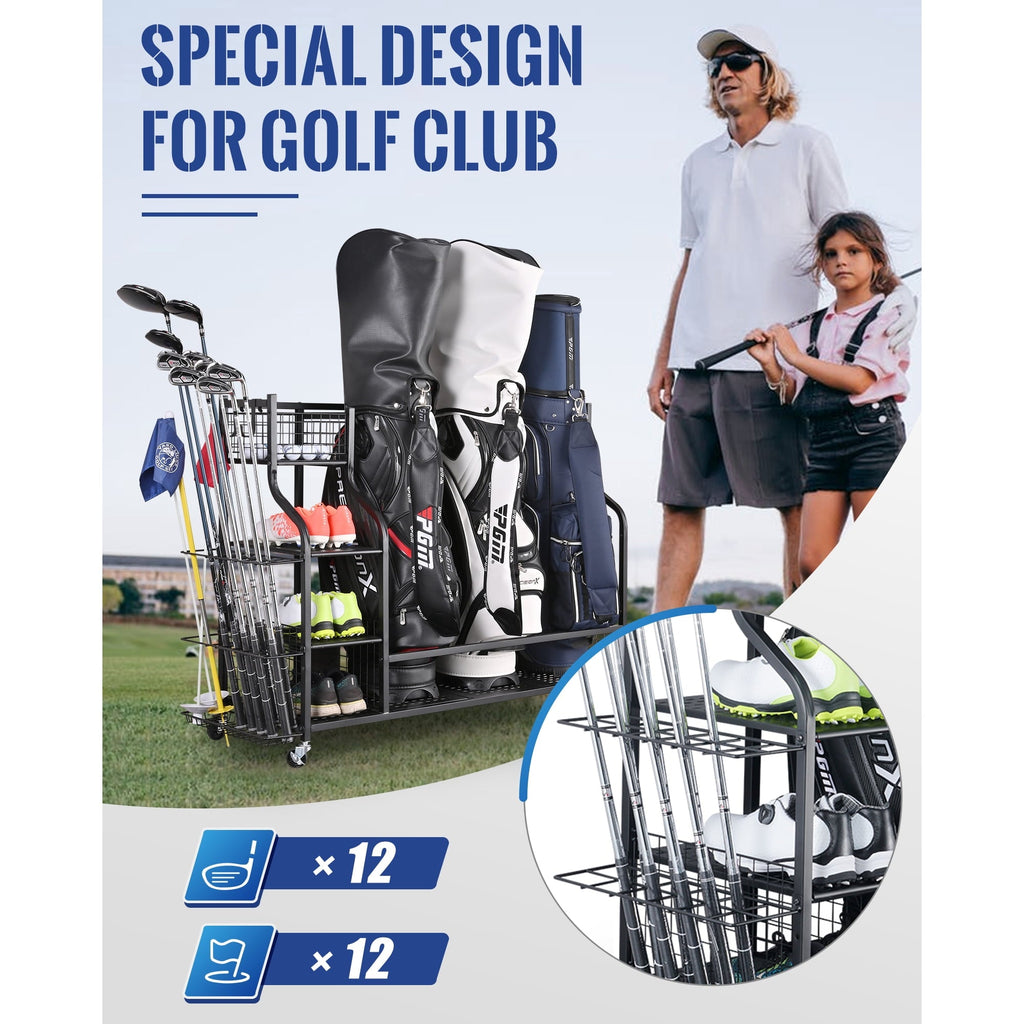 Mythinglogic Golf Bags Storage Rack with Wheels, Holds 3 Bags, Garage Organizer