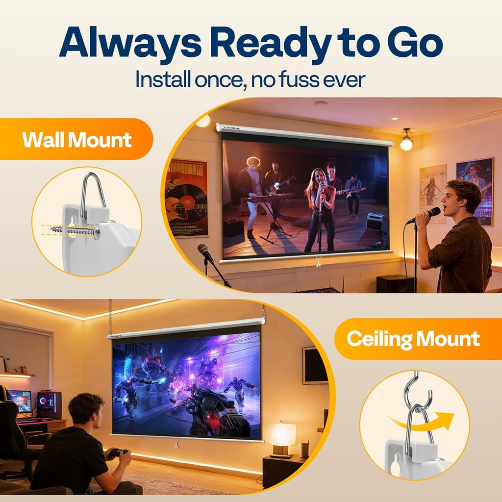 SPECSTAR 100 inch Manual Pull Down Projector Screen, 16:9 HD Retractable Projector Screens with Auto Locking for Movie Home Theater Cinema Office