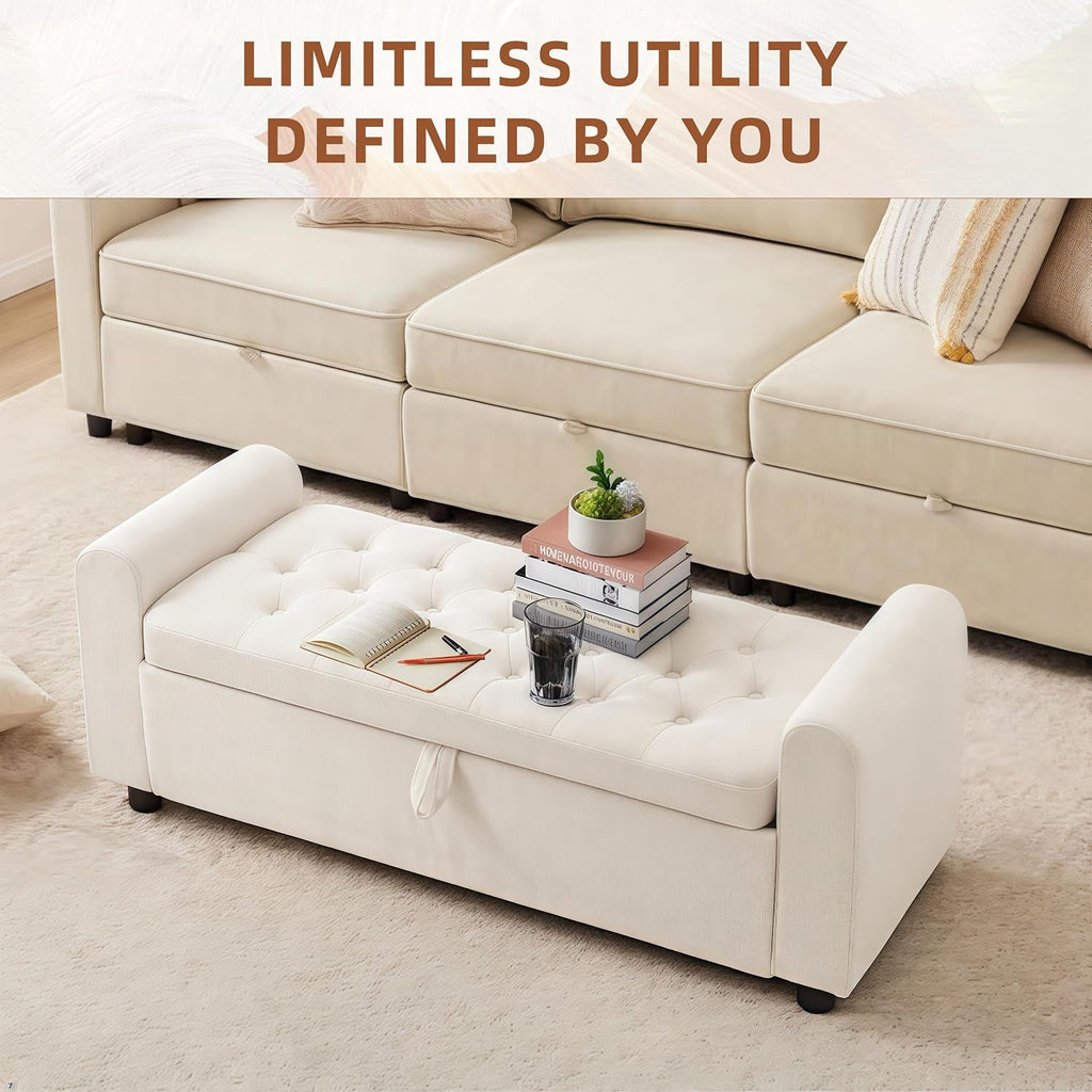 48" Ottoman with Storage, Tufted Storage Ottoman Bench, Convenient Living Room Fabrics Bench Seat, Entryway Shoe Benches with Inner Zipper & Arm
