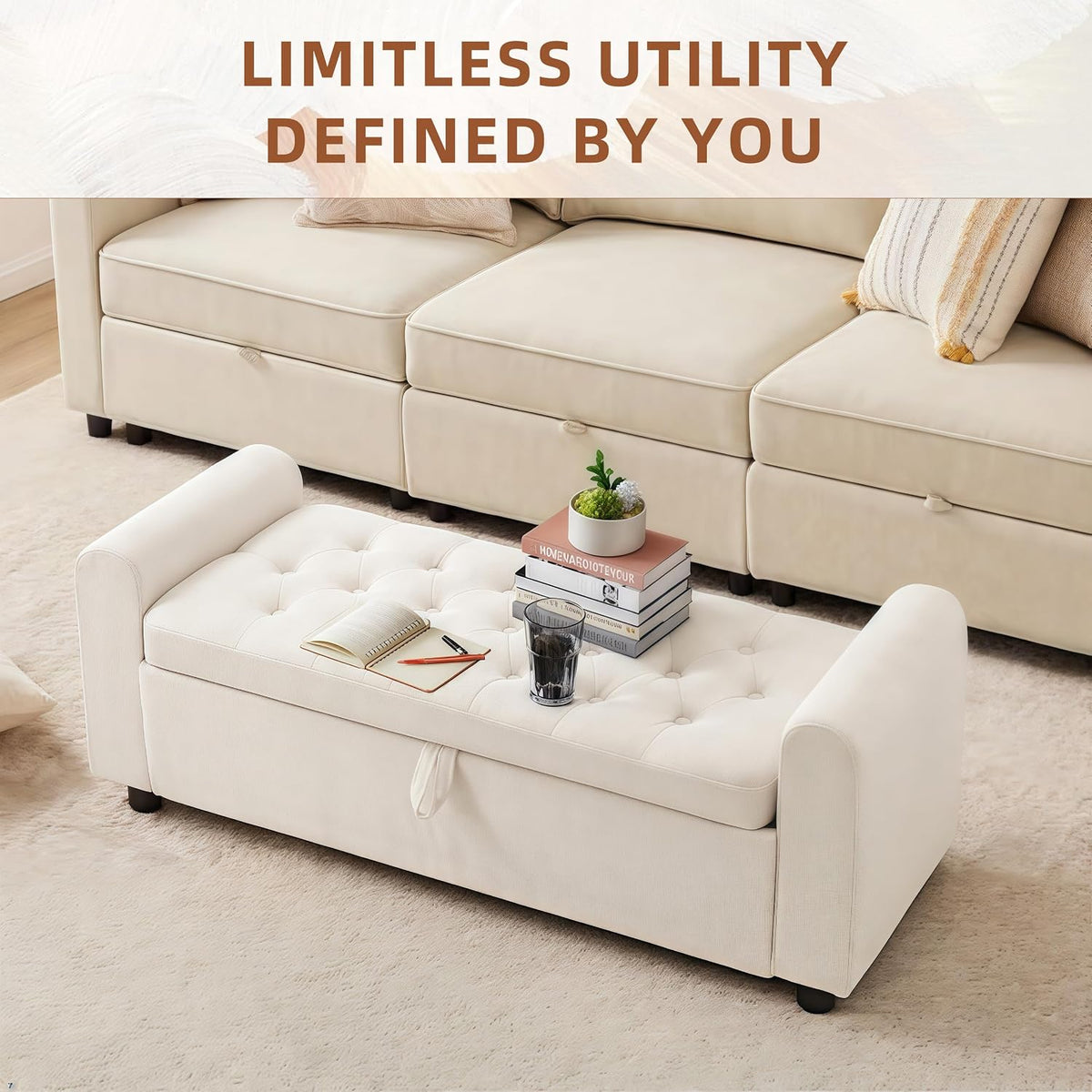 48" Ottoman with Storage, Tufted Storage Ottoman Bench, Convenient Living Room Fabrics Bench Seat, Entryway Shoe Benches with Inner Zipper & Arm