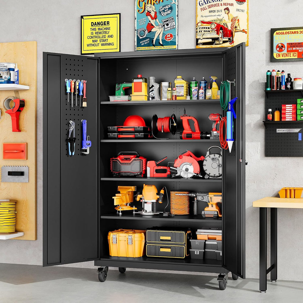Wide & Deep Metal Storage Cabinet with Wheels,Tall Rolling Garage Storage Cabinet with Lock,Black Metal Cabinets with Shelves and Pegboards,Tool