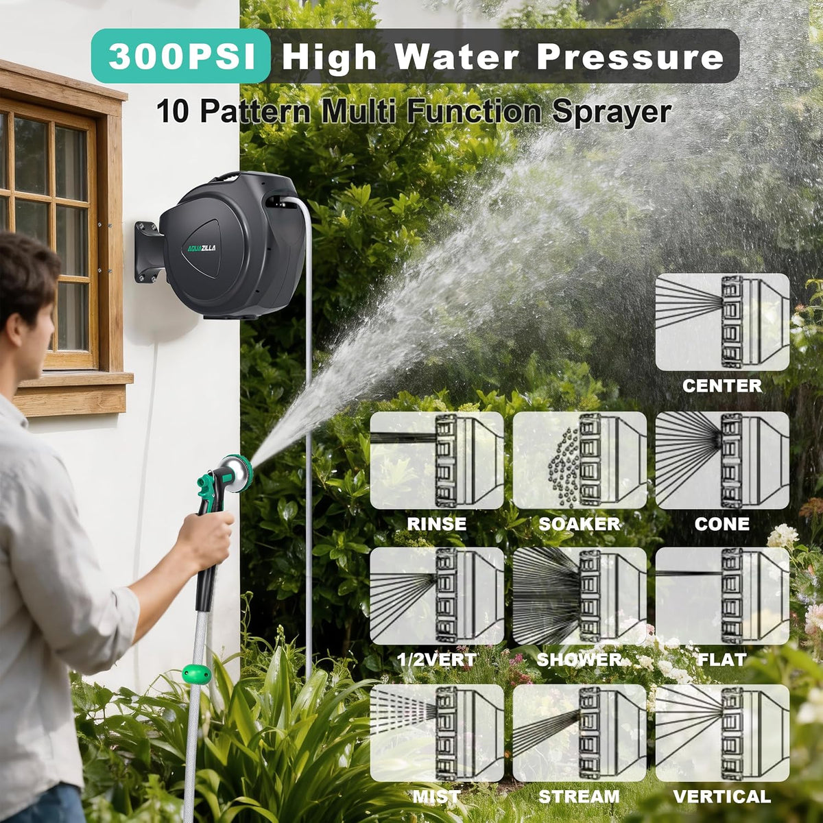 Retractable Garden Hose Reel, 65FT +6FT 5/8" Durable Wall Mounted Water Hose Reel with 180° Swivel Bracket, 9 Pattern Sprayer, 6Ft leader hose,Smooth