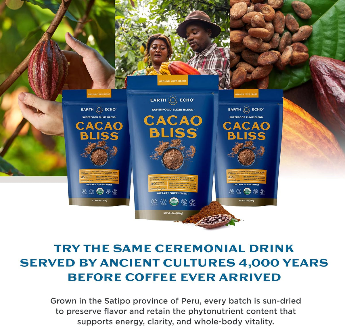 Earth Echo Cacao Bliss, Organic Cacao Powder Drink Mix, 30 Servings