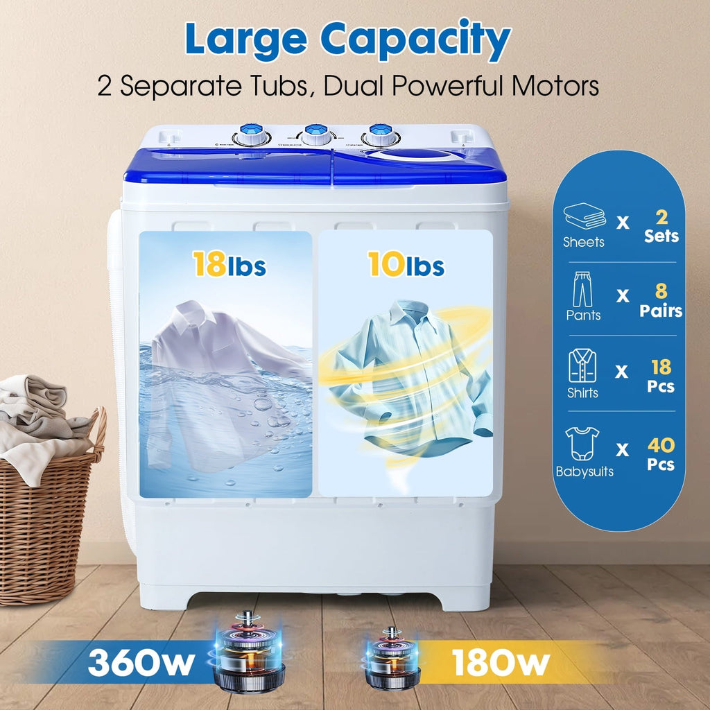 Dawmilon 28lbs Portable Twin Tub Washing Machine with Drain Pump, Compact Laundry Washer for Apartments, Dorms, Blue