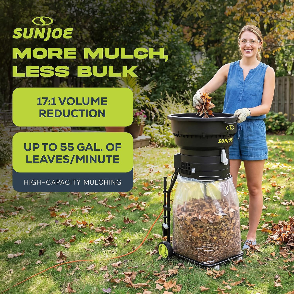 Sun Joe SDJ617E Bladeless Electric Leaf Mulcher + Shredder, 15 Amp, 8,000 RPM, Mulches Up to 55 Gallons of Leaves Per Minute